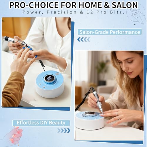 Electric Nail Drill Kit Professional 40000 RPM Nail Grinder, Rechargeable Ultra Power with 12 Pro Salon-Grade Bits for Acrylic Nails Remove, for Salon & Home