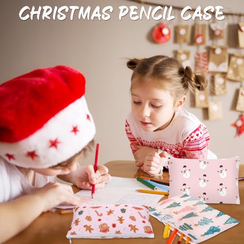 12 Pcs Christmas Makeup Bags Christmas Canvas Cosmetic Bags Bulk 9 x 6 Inches Pencil Pouch with Zipper Travel Toiletry Pouch for Women Winter Holiday Xmas Party Favor Gift(Cute Pink)