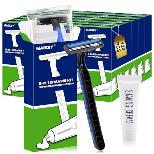 120 Pack Disposable Razors Bulk Shaving Cream for Men, Shaving Kit for Men, Homeless Supplies Bulk, Individually Wrapped Toiletries for Travel Home Hotel Camping Shelter Church Donation