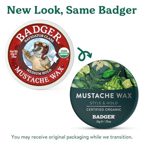 Badger Mustache Wax, Medium Hold, Light Masculine Scent, Easy to Apply, Certified Organic Versatile Moustache & Beard Wax, .75 oz Tin, 2-Pack