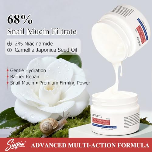 aobenz Snail Mucin Moisturizer - Snail Mucin 68%, Niacinamide 2%, Hyaluronic Acid | Firming & Hydrating Night Cream for Face, Neck | Anti Wrinkle, Tightening, Repair |For All Skin Types, 1.76FL(2PCS)
