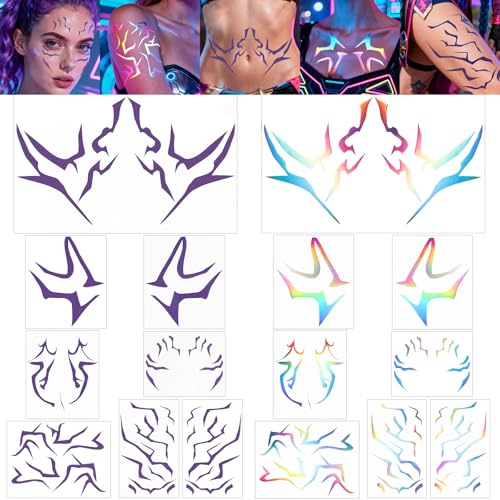 Boko Movie Anime Purple Temporary Tattoos Dance Cosplay, Holographic Glitter Temporary Tattoos, Full Body Cosplay Tattoo Sticker for Themed Party Music Festivals Halloween Prop Accessories (16Pcs)