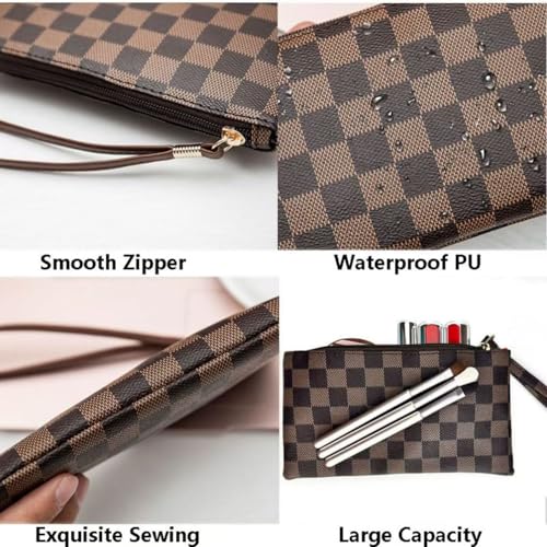 Makeup Bag,3 Pcs Brown Checkered Bags Set,Portable with Adjustable Partition,Large Capacity Pouch for Travel Cosmetic Organizer, Coin Purse, Waterproof, Toiletries,Designer for Gift,Checkered