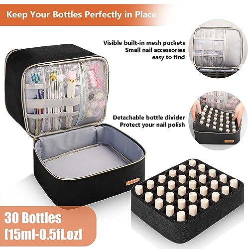 Veirdro Nail Polish Organizer Bag Holds 30 Bottles (15ml/0.5 fl.oz)& Nail Lamp, Portable Travel Nail Kit Storage Carrying Case, Double Layer Nail Supplies Holder Bag PU Leather Women (Elegant Black)