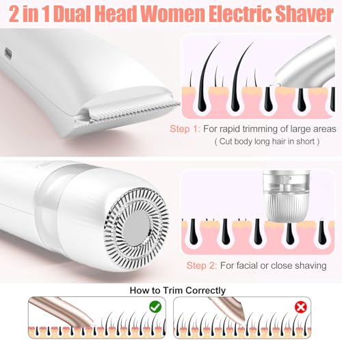 Bikini Trimmer for Women 2 in 1, Dual Head Womens Electric Shaver, Electric Razors for Pubic Hair, IPX7 Waterproof Rechargeable Facial Hair Removal for Shaving Underarm Leg Arm Body Face, White