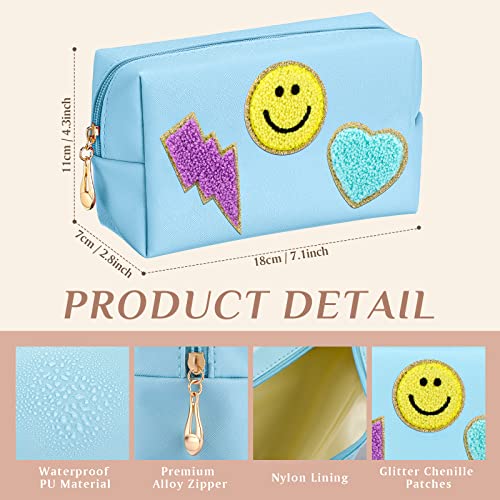 Sanwuta 12 Pcs Preppy Patch Makeup Bag Chenille Letters Cosmetic Bag PU Leather Preppy Organizer Small Smile Heart Toiletry Pouch Portable Waterproof Storage Purse Pouch for Women Adults