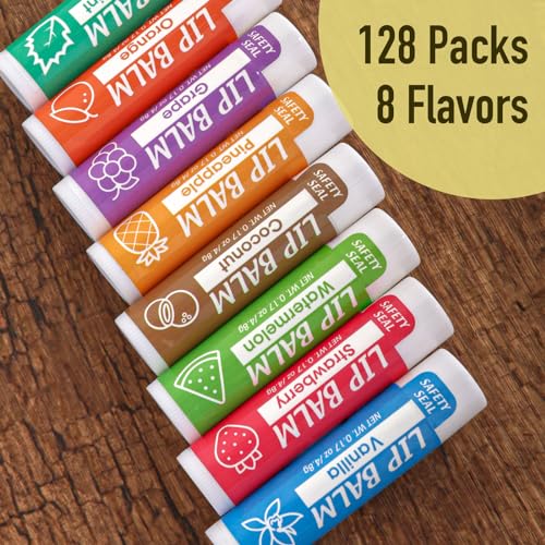 128 Pack Lip Balm, Natural Lip Balm Bulk with Vitamin E and Coconut Oil, Moisturizing Lip Balms for Dry Cracked Lips, Lip Balms for Valentines Gifts Stocking Stuffers - 8 Flavors