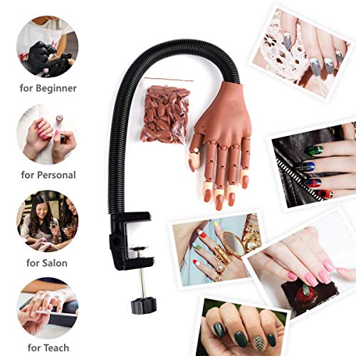 Nails Trainning Practice Hand for Acrylic Nail, Adjustable Fake Model Hands for Nails Practice, Flexible Movable Nail Tools Kits with Nail File, Nail Clipper, 200pcs Nail Tips and15 PCS Nail Brushes