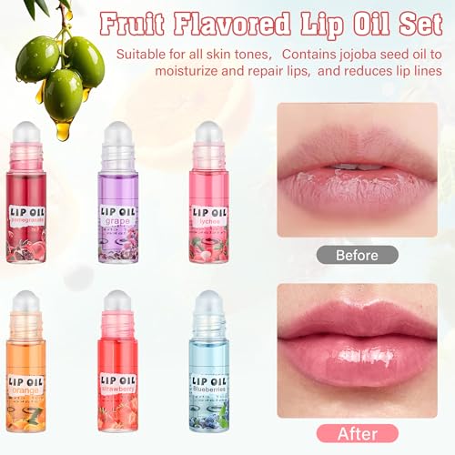 6Pcs Roll On Lip Gloss Set£¬Mini kids Lip Gloss Fruit Flavored£¬Moisturizing Lip Oil Make up for Teens and Girls£¬Hydrating Long Lasting Glossy,Christmas Party Favors Gift£¬Vegan & Cruelty-Free