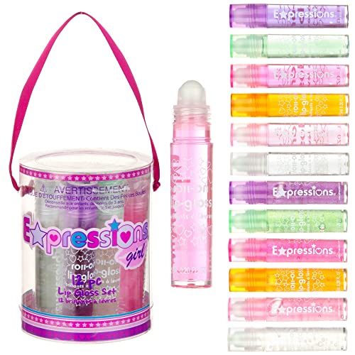 EXPRESSIONS 12pc Roll On Lip Gloss Set with Carrying Case, 12-Piece Glossy Lip Makeup - Assorted Fruity Flavors, Non Toxic, Kid Friendly, Party Gift, Best Friends
