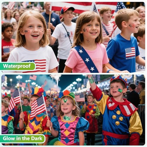 USA Flag Glow in the Dark Temporary Tattoos - Patriotic, USA Accessories, American Flag with Face - Individually Wrapped, Themed Designs, Waterproof Fake Tattoos