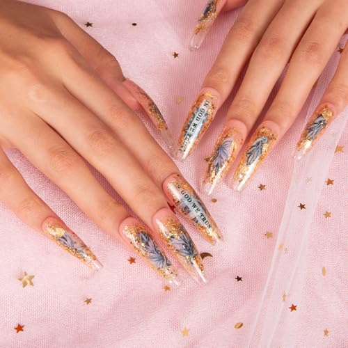LOVFUL Press on Nails Dollar | Handmade with Full Covered Crystals | Reusable Fake Nails | Coffin Mid length 1.7 in | H98-M