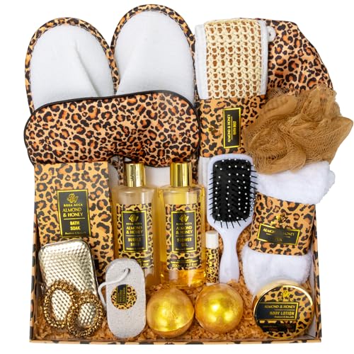 Valentines Day Gifts for Women, 20 Pcs XXL Leopard Bath and Body Gift, Skin Care Set, Self Care Gifts Set, Mother's Day, Birthday, Home Spa Kit, Holiday, Christmas, Shower Cap, Manicure Set