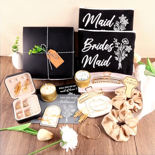 CITYCHALET 49Pcs Bridesmaid Gifts Set of 4 Black,Maid of Honor Proposal Gift Boxes Set,Cosmetic Bag Scented Candle Jewelry Box Metal Hair Clip Knot Bracelet Bachelorette Party Bridal Shower