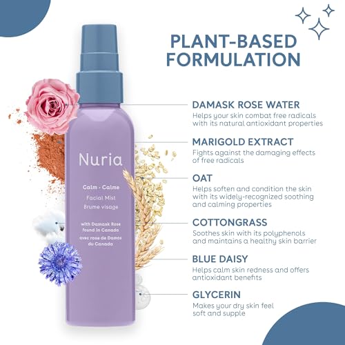 Nuria - Calm Facial Mist, Fragrance-Free Damask Rose Water Spray for Face, Face Mist Spray with Marigold Extract, Oat, and Glycerin, 120mL/4.1 fl oz