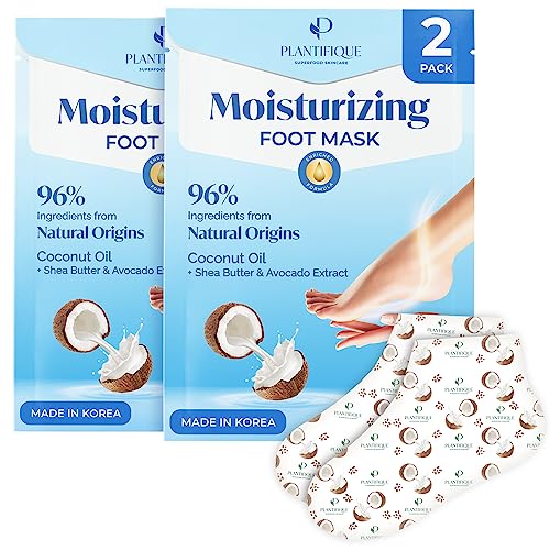 PLANTIFIQUE Foot Peel Mask with Peach 2 Pack and Hydrating Foot Mask for Dry & Cracked Feet