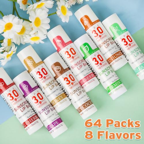 SPF 30 Sunscreen Lip Balm, Bulk Travel Size-64 Pack, Hydrating with Vitamin E & Coconut Oil- 8 Flavors