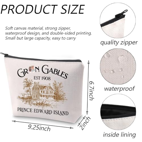 TGBJE Anne Novel Inspired Makeup Bag Anne Book Literary Gifts Gables Prince Edward Island Zipper Pouch Green Quote Gift (Gables 1908 bag)