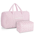 2 Pack Floral Travel Duffel Bag Large Quilted Travel Duffle Bag and Floral Makeup Pouch Portable Gym Lightweight Weekender Organizer with Zipper Pockets Grocery Pouch for Women(Pink)