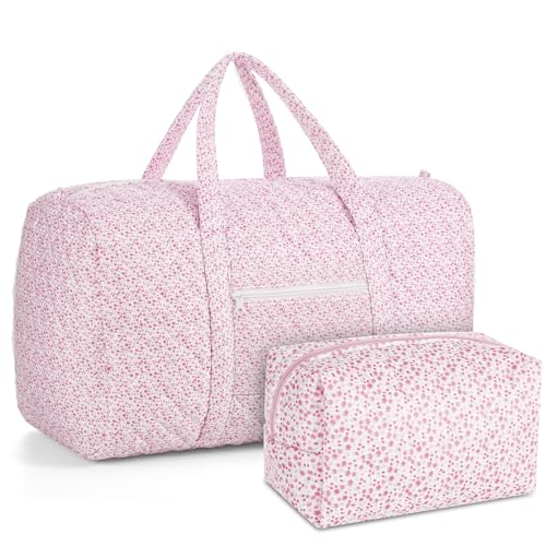 2 Pack Floral Travel Duffel Bag Large Quilted Travel Duffle Bag and Floral Makeup Pouch Portable Gym Lightweight Weekender Organizer with Zipper Pockets Grocery Pouch for Women(Pink)