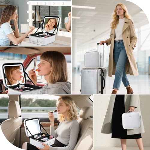 Travel Makeup Bag with LED Mirror 3 Color Modes,10.2-in White Vegan Leather Makeup Organizer Bag with Adjustable EVA Dividers and Independent Brush Panel