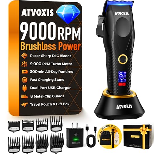Metal Body 9000 RPM Brushless Motor Professional Hair Clippers for Men: Cordless Barber Clipper with DLC Blades LED Display Fast Charging Stand Travel Pouch Maquina para Cortar Pelo De Hombre