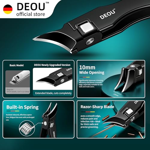 DEOU Nail Clippers Set, Stainless Steel Manicure Kit for Thick Hard Ingrown Nails, Anti-Splash with Nail File, Portable Keyhole Design, Gift Box for Home Travel (Black, Diagonal Cut + Straight Cut)