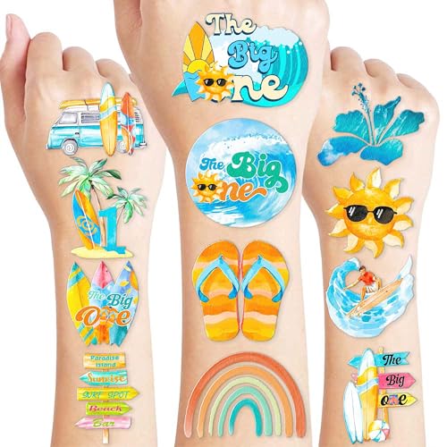 96PCS Surfboard Surf Pre - Cut Temporary Tattoos Stickers Theme Surf Up 1st Birthday Party Decorations for Baby Boy ? for Kids Party Favors, Summer Beach Pool Birthday Supplies, School Rewards