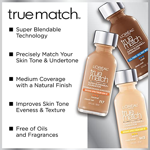 L'Oreal Paris Makeup True Match Super-Blendable Liquid Foundation, Light Ivory W2, 1 Fl Oz, 1 Count