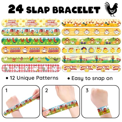 96 PCS Chicken Party Favors Set ? 72 Pre-Cut Temporary Tattoos & 24 Slap Bracelets for Kids, Perfect for Farm-Themed Birthday Parties, Classroom Rewards & Barnyard Celebrations