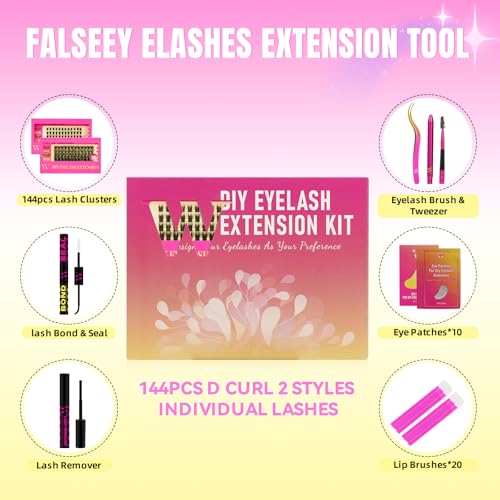 Lash Clusters Kit 144Pcs Individual Eyelash Extension Kit DIY Lash Kit with Lash Bond and Seal,Remover,Applicator,Eye Patches,Lash Brush&Lip Brush for Fake Eyelashes Clusters Kit (D-Mix10-16mm Kit)