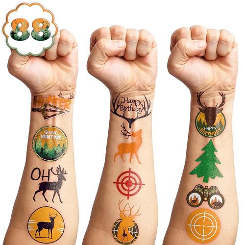 Gone Hunting Temporary Tattoos 88 PCS Oh Deer Hunter Camo Party Decorations Favors Supplies Fishing Theme Birthday Cute Tattoo Stickers Christmas Gifts for Boys Girls Kids Class School Prizes Carnival