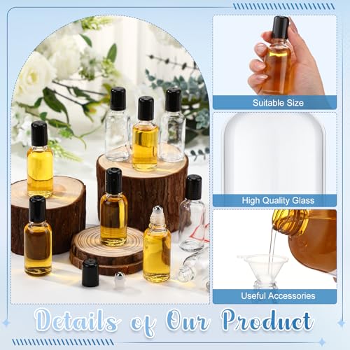Sumind 24 Sets Clear 30ml Roller Glass Bottle Essential Oil with Stainless Steel Refillable Sample Container Brown Empty Roller Bottle Applicator with Funnel Sticker for Travel
