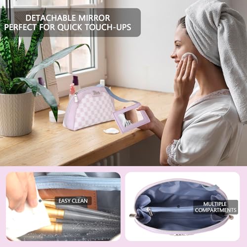 BOYATU Vegan Leather Cosmetic Bag: Refined Pattern Pouch with Built-In Tethered Pull-Out Mirror - Quick Touch-Ups Anywhere - Compact&Lightweight Easy to Carry(021-Purple)