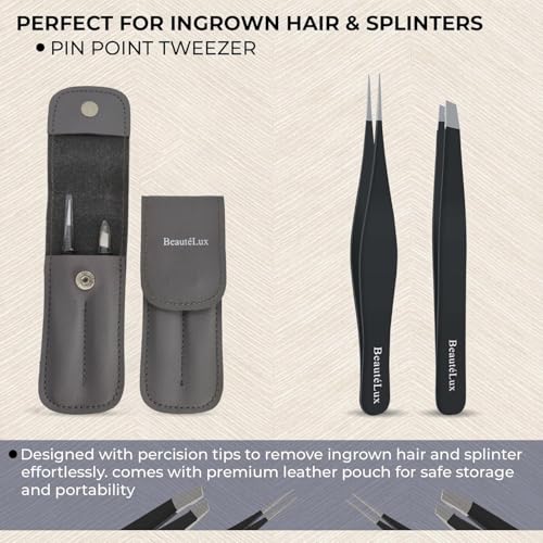 Precision Tweezer Set ? Slant & Pointed Tip Stainless Steel Eyebrow Tweezers with Leather Pouch, Professional Hair Removal for Ingrown Hair, Chin, Splinter & Blackhead