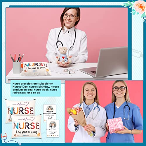 Yinkin 32 Pcs Nurse Appreciation Gift 2026 for Nurse Week 16 Canvas Makeup Cosmetic Bags Survival Kit and 16 Blessing Card Bracelets, Christmas Medical Staff Practitioner Gift for Women(Retro)
