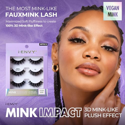 I-Envy 3-in-1 MinkImpact Multipack, 100% 3D Mink-Like Vegan Lashes, Soft, Natural, Fluffy & Lush, Clear Undetectable Band, Lightweight & Comfortable (12)
