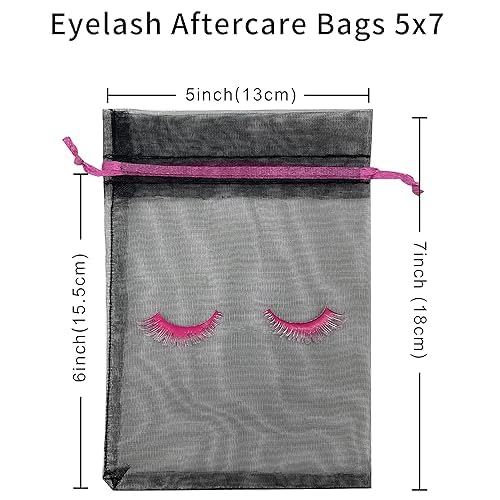 Jexila 100 Pack Lash Bags for Clients Eyelash Aftercare Black Mesh Bags Drawstring 5''X7'' Small Cosmetic Makeup Beauty Gift Bag for Women Supplies (5 x 7 Inch, Black Plus Rose)