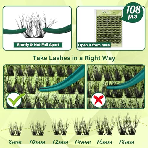 KEYYOU Lash Clusters 3D Effect Eyelash Clusters 108pcs D Curl PuffSilk V3D05 Wispy Lashes Cluster Lashes Natural Soft DIY Lash Extension at Home(PuffSilk V3D05-D-8-18MIX)