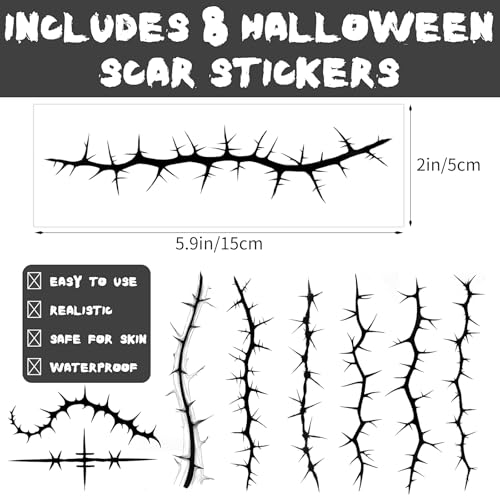 Halloween Stitches Tattoo Stickers Fake Scars Temporary Tattoos Black Horror Cosplay Accessories for Adult Kids Girls Gifts Halloween Party Decor 8sheets