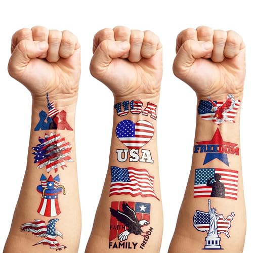 100PCS USA Patriotic Temporary Tattoos ? American Flag 4th of July Party Decorations, Freedom Theme Supplies, Fun Favors & Stickers for Kids Adults, Birthday or Independence Day Prizes