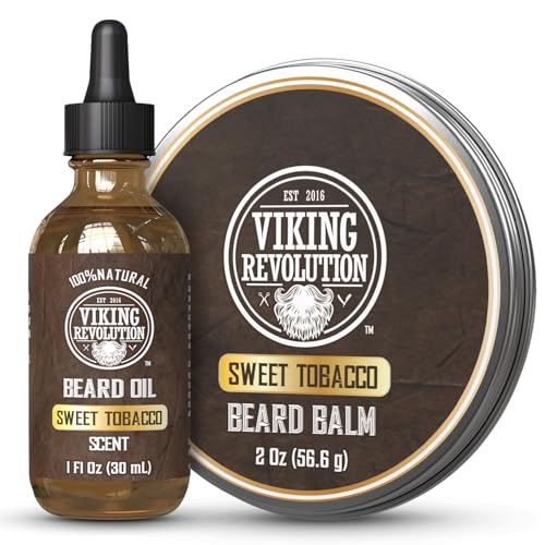 Viking Revolution Sweet Tobacco Beard Balm for Men and Sweet Tobacco Beard Oil Bundle - With Argan and Jojoba Oils - Soften and Moisturize your Beard