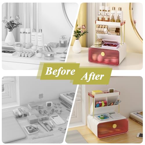 FOLLOWIN Bathroom Organizers and Storage with Drawer,Vanity Storage Organizer with Makeup Brushes Holder, Perfume Lotion Cosmetic Organizer,Blush Pink
