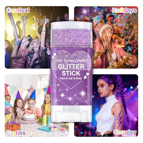 Christmas Body Glitter Stick, Purple Sequin Hair Glitter for Rumi Costume Cosplay and Tattoos Makeup, Chunky Glitter Face Paint, Waterproof Hair Glitter Gel for Glirs and Women (Purple)