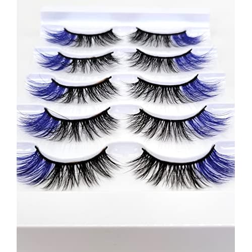 MISSLADY 16mm 5 Pairs Pack 3D Faux Mink Eyelashes with Blue Ends Colored Lashes (FM-204, 8-16mm, Black with Blue Ends, 5 Pairs)