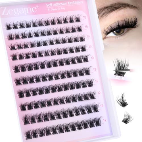 Zegaine Self Adhesive Eyelashes Natural Self Adhesive Lash Clusters Wispy Pre Glued Eyelash Clusters Clear Band C-Curly Pesta?as Postizas Naturales Wispy Glueless Lashes No Glue Needed 10-14MM