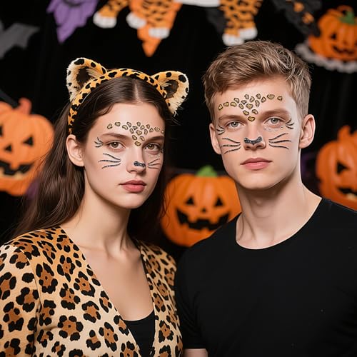 Glitter Leopard Face Jewels Halloween Temporary Tattoo Stickers Animals Face Gems Jewels Self-Adhesive Halloween Dress Up Sticker for Festival Holiday Party Accessories 2PCS