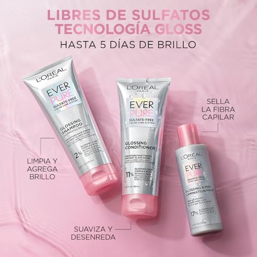 L'Oreal Paris Glossing Sulfate Free Conditioner with Glycolic Acid,Hair Care for Lasting Shine and Smoothness for Dull,Dry Hair,EverPure,6.8 Fl Oz,(Pack of 2)