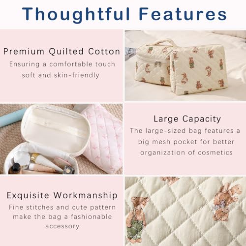 uekeboag 2 pcs Large Floral Quilted Makeup Bag Set for Women, Cotton Quilted Big Cosmetic Bag, Coquette Aesthetic Cute Travel Toiletry Bag