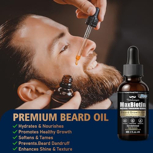 Biotin Beard Growth Kit for Men with Conditioning Oil and 0.25mm Massager Roller, Sandalwood Serum with Castor and Jojoba Oil, Grooming Softer Thicker Healthier-Looking Mustache Beard Care